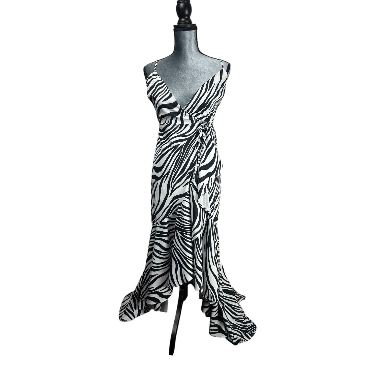 Fashion Nova Zebra Print Maxi Dress Wrap Style Adjustable Straps Flowy Hem Size XS