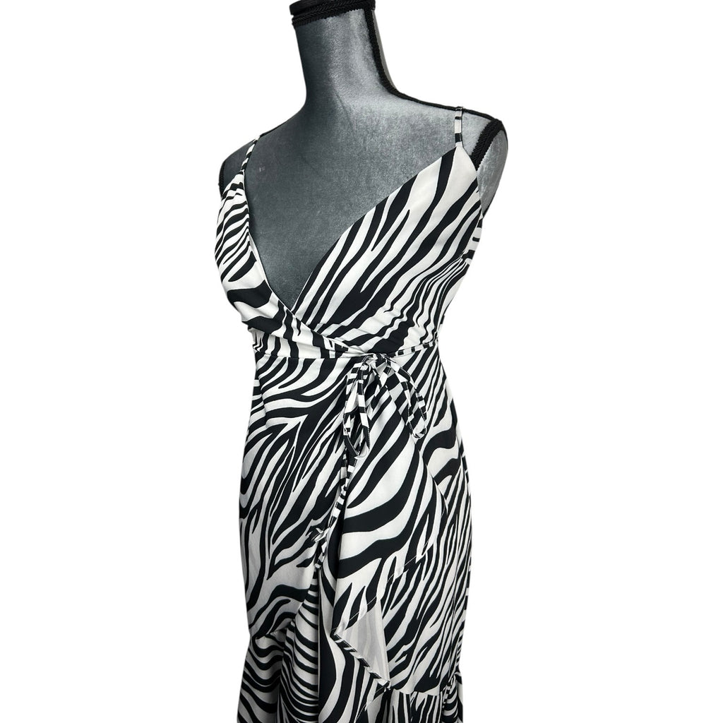 Fashion Nova Zebra Print Maxi Dress Wrap Style Adjustable Straps Flowy Hem Size XS