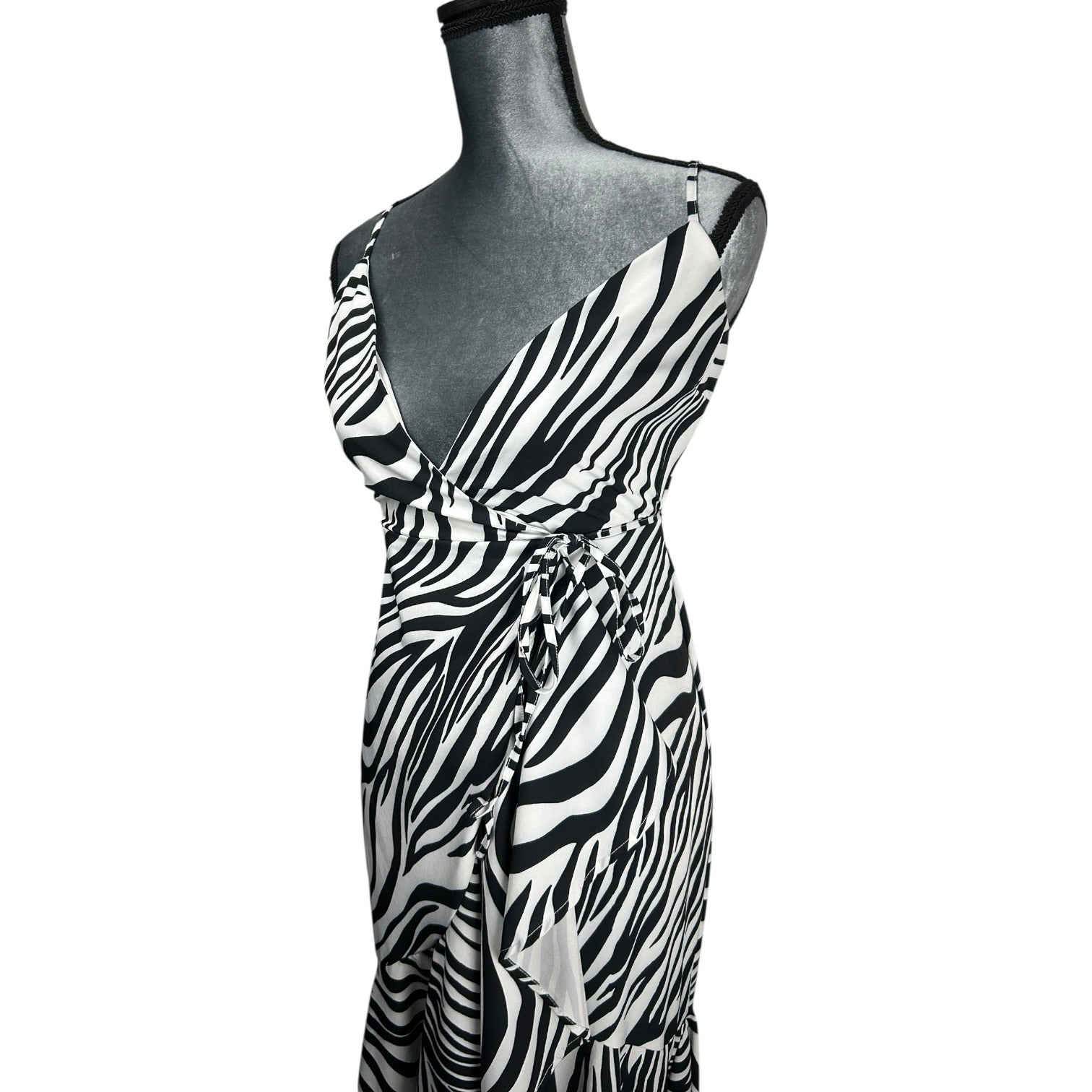 Fashion Nova Zebra Print Maxi Dress Wrap Style Adjustable Straps Flowy Hem Size XS
