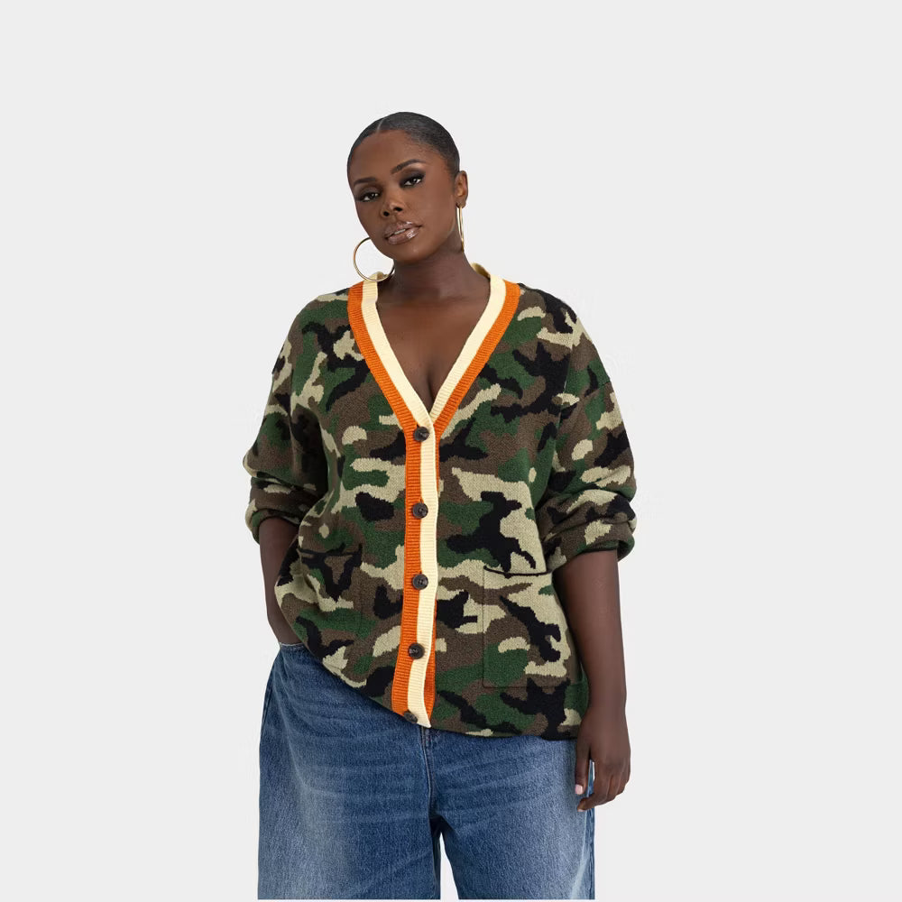 K-256 KBB by Kahlana Women's Small "The Slouchy Cardigan" Green Camo Knit Sweater