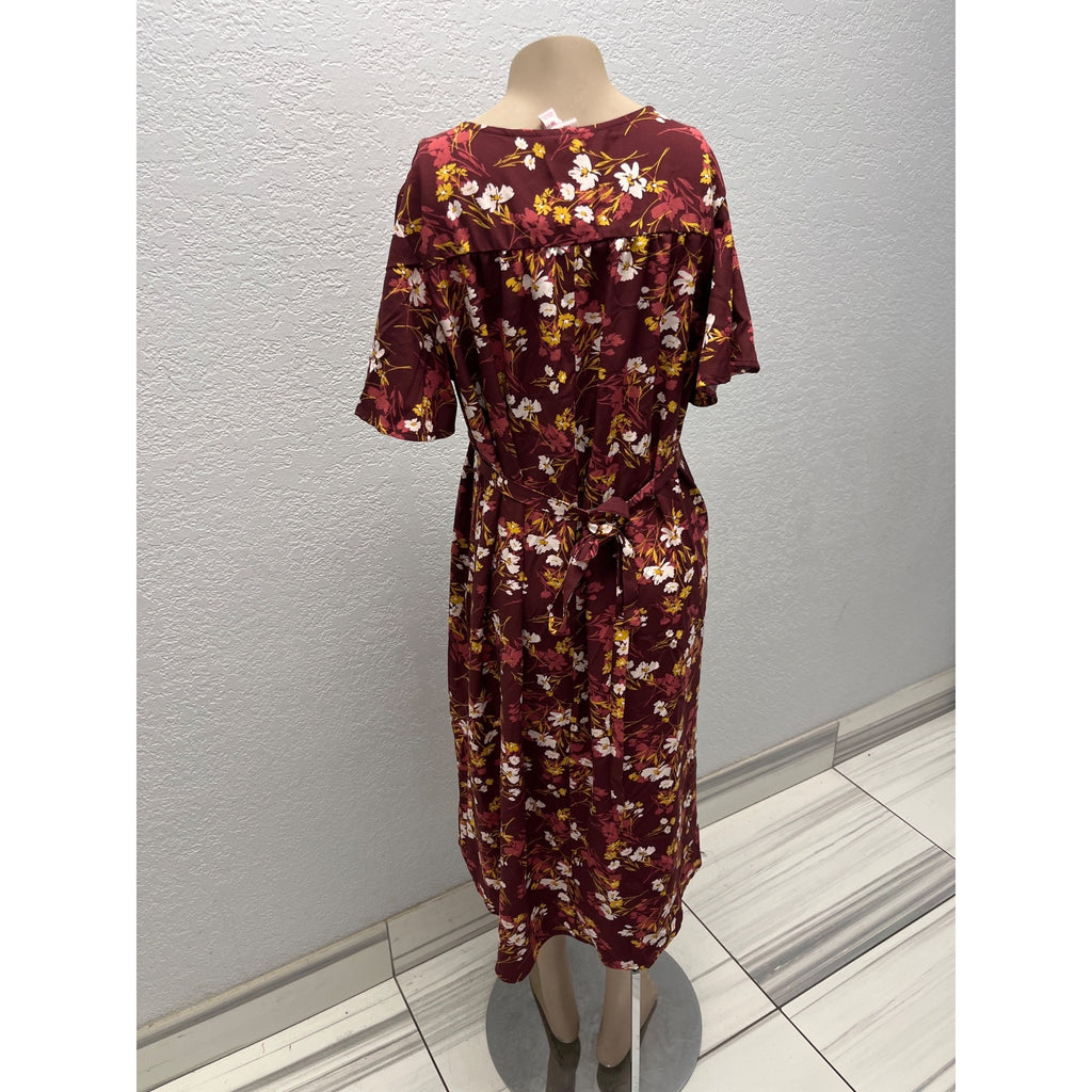#1123 Isabel Maternity Burgundy Floral V-Neck Midi Dress Size M