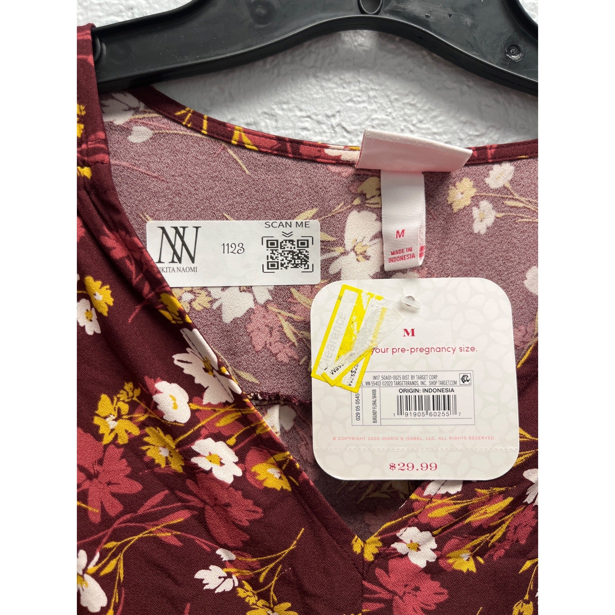 #1123 Isabel Maternity Burgundy Floral V-Neck Midi Dress Size M