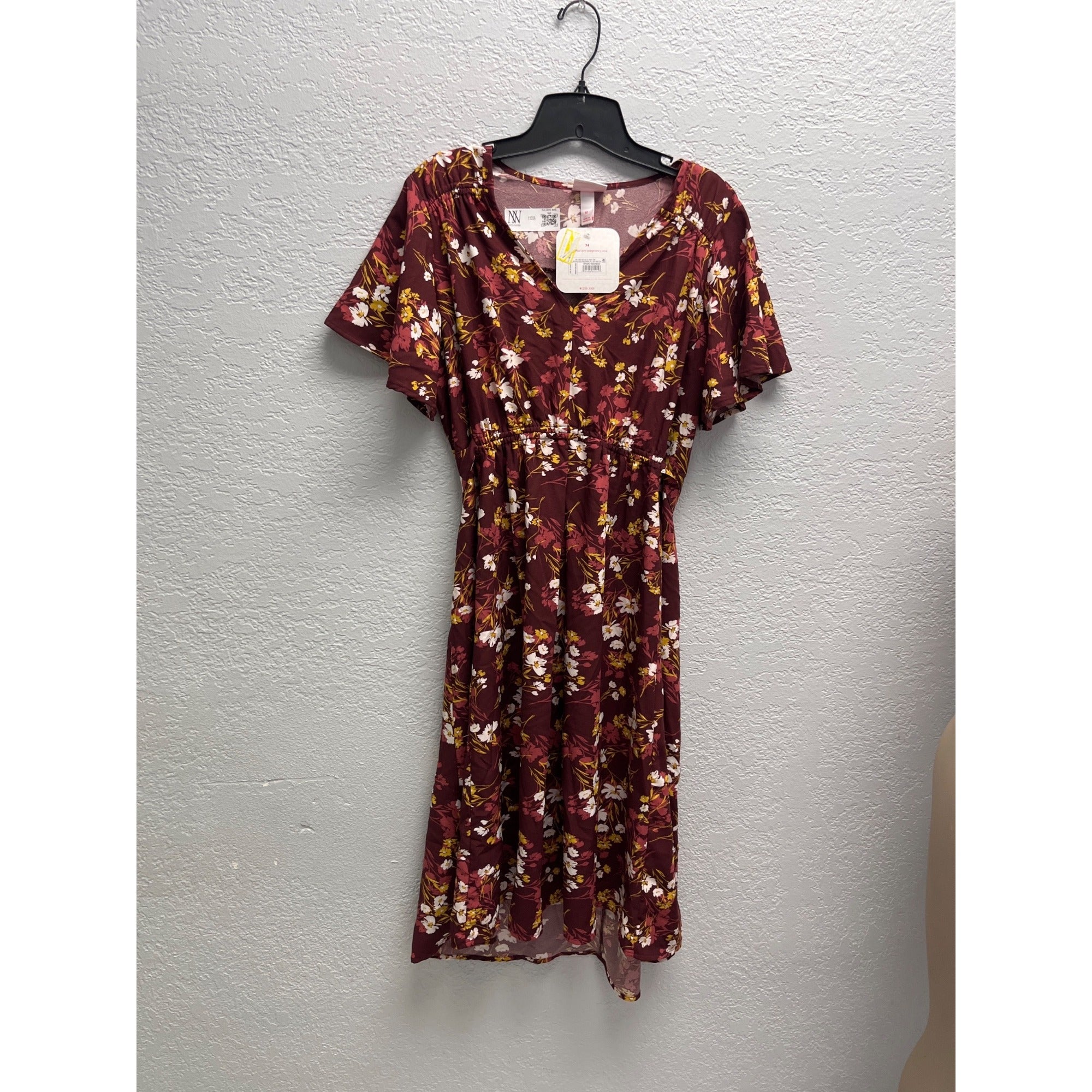 #1123 Isabel Maternity Burgundy Floral V-Neck Midi Dress Size M