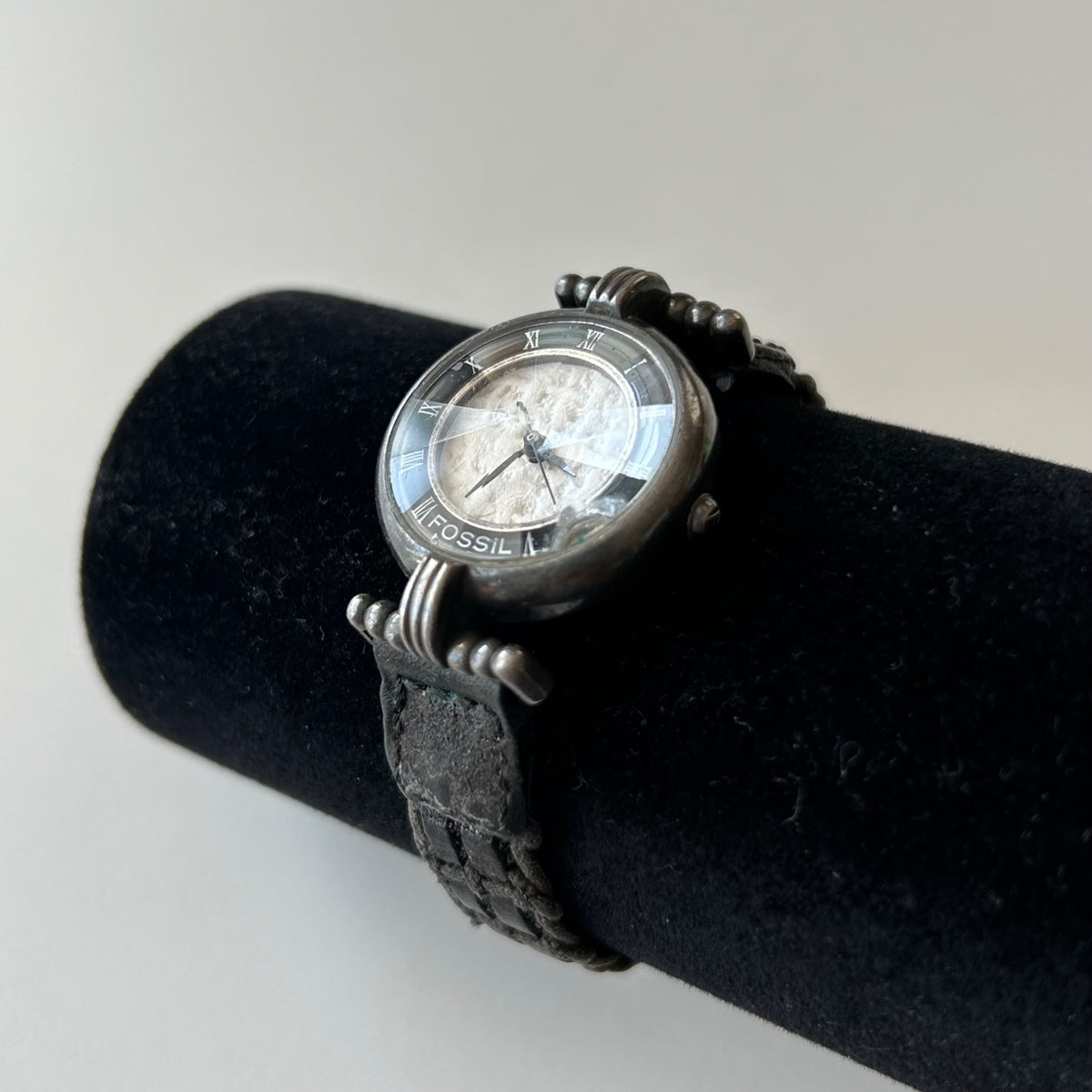 Fossil Womens PC-9155 Silver-Tone Analog Watch With Black Braided Leather Strap