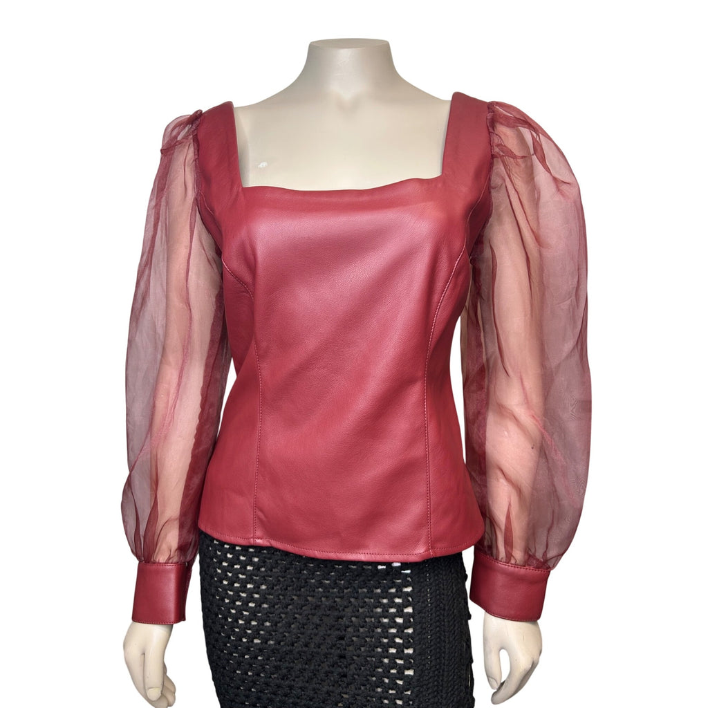 TG-5 Marc New York Rhubarb Square Neck Faux Leather Top W/ Sheer Sleeves Size XS