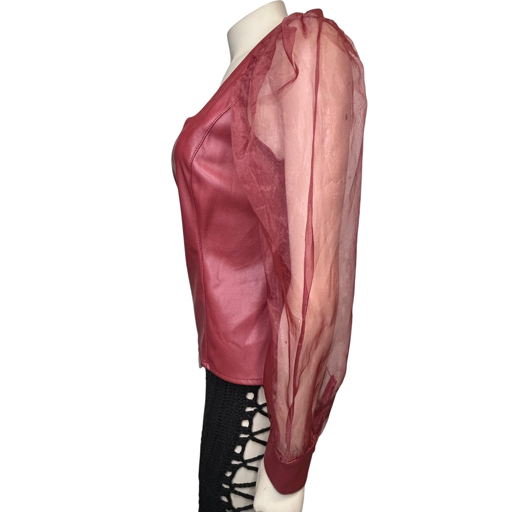 TG-5 Marc New York Rhubarb Square Neck Faux Leather Top W/ Sheer Sleeves Size XS
