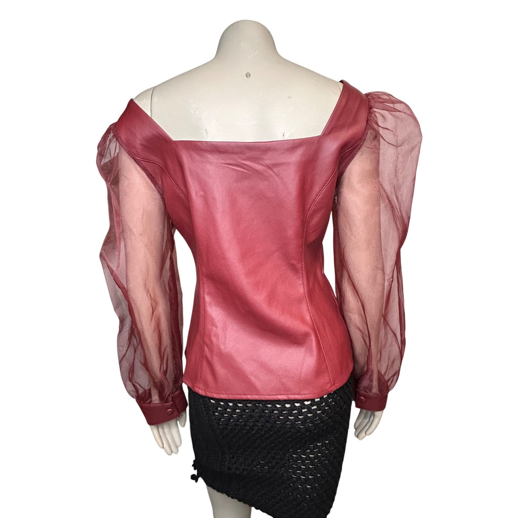 TG-5 Marc New York Rhubarb Square Neck Faux Leather Top W/ Sheer Sleeves Size XS