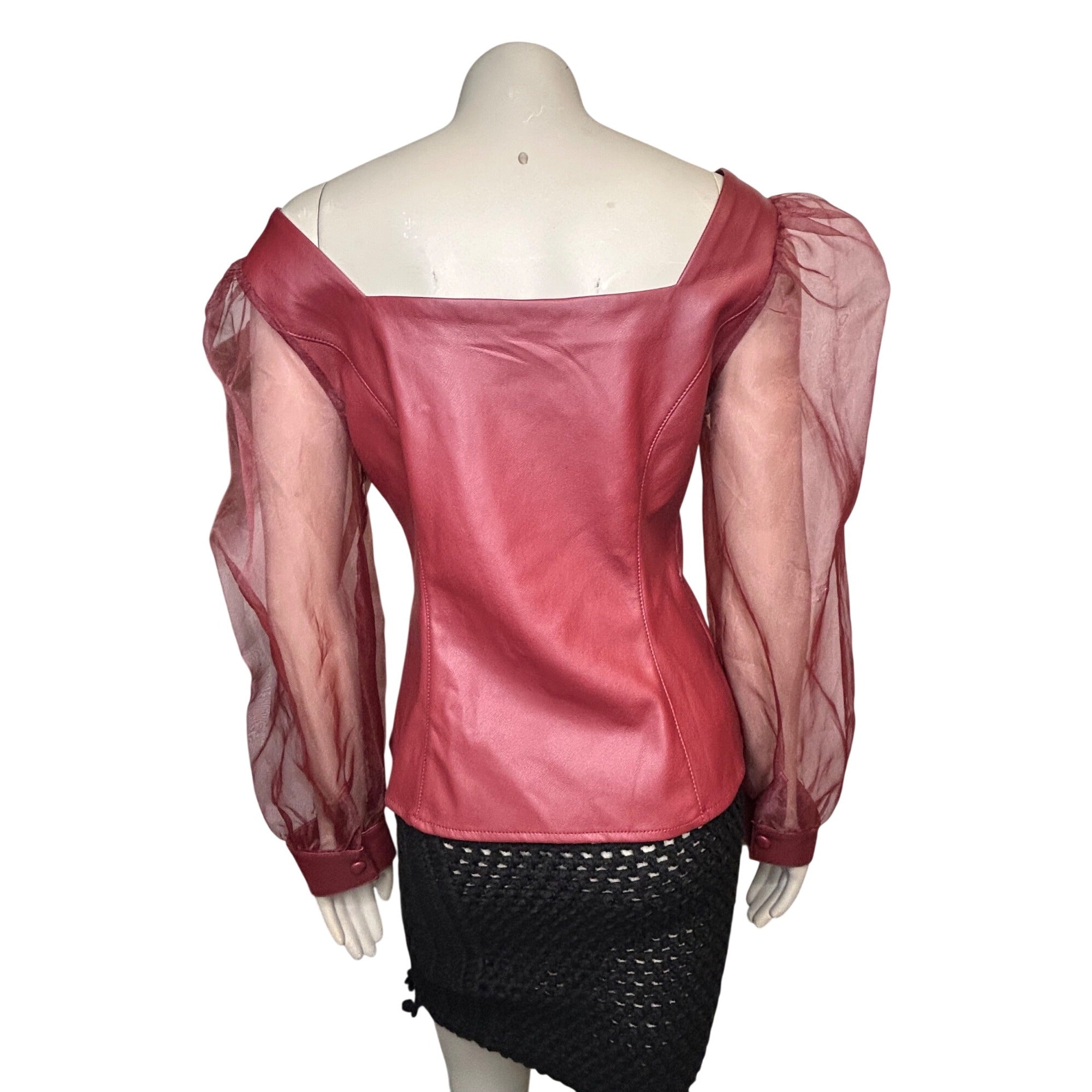 TG-5 Marc New York Rhubarb Square Neck Faux Leather Top W/ Sheer Sleeves Size XS