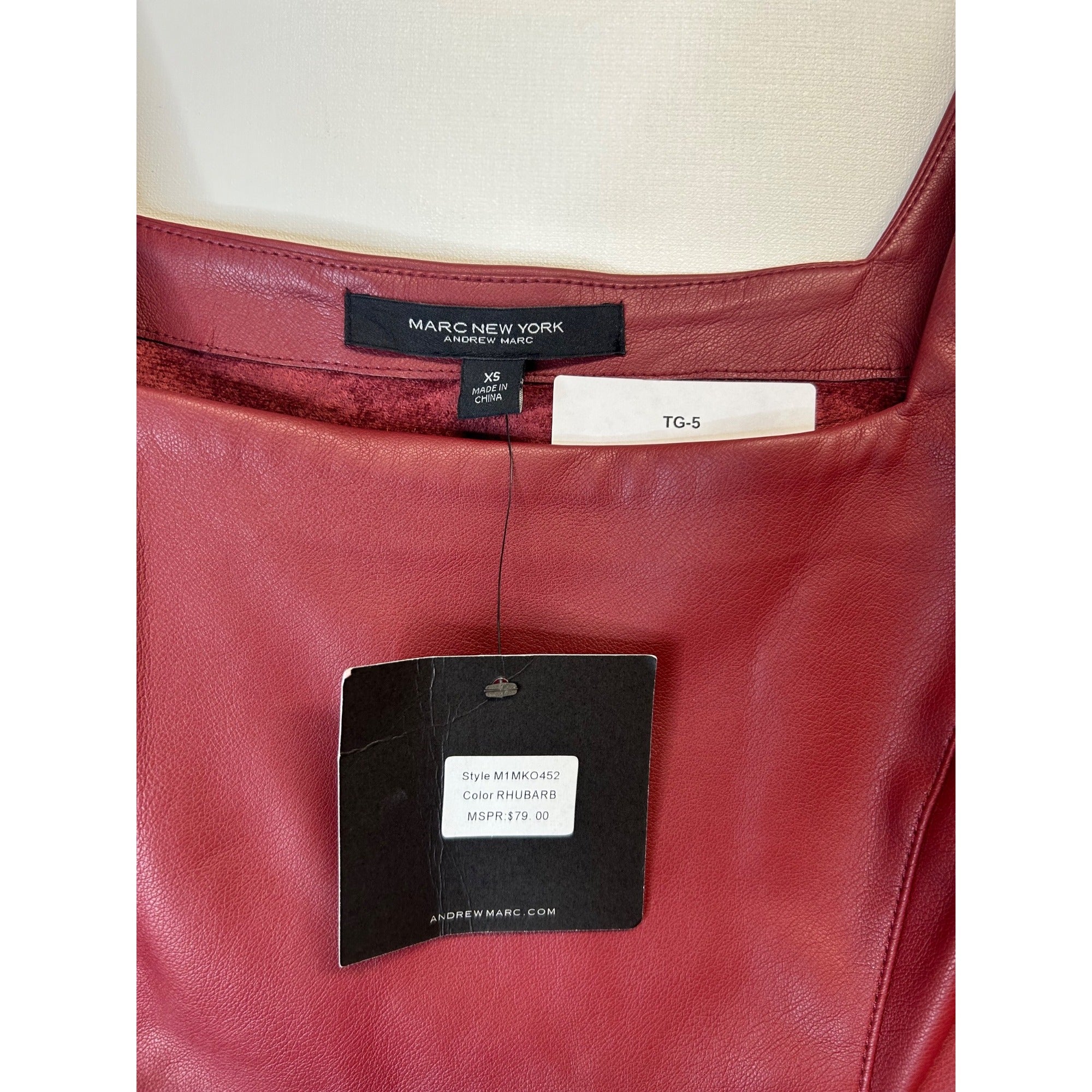 TG-5 Marc New York Rhubarb Square Neck Faux Leather Top W/ Sheer Sleeves Size XS