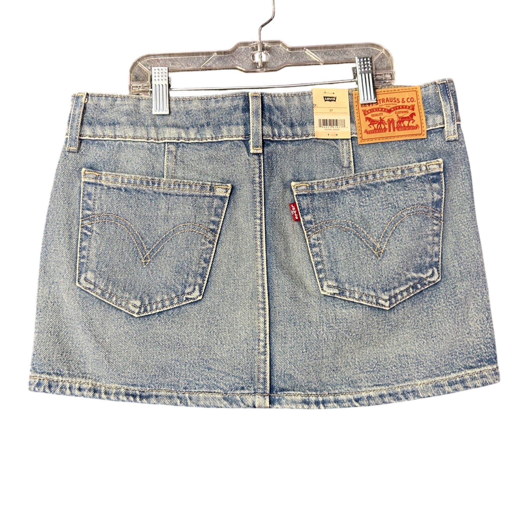 K-305 Levis Denim Mini Skirt Non-Stretch Low Rise Slim Fit Blue Wash Women's Size 27