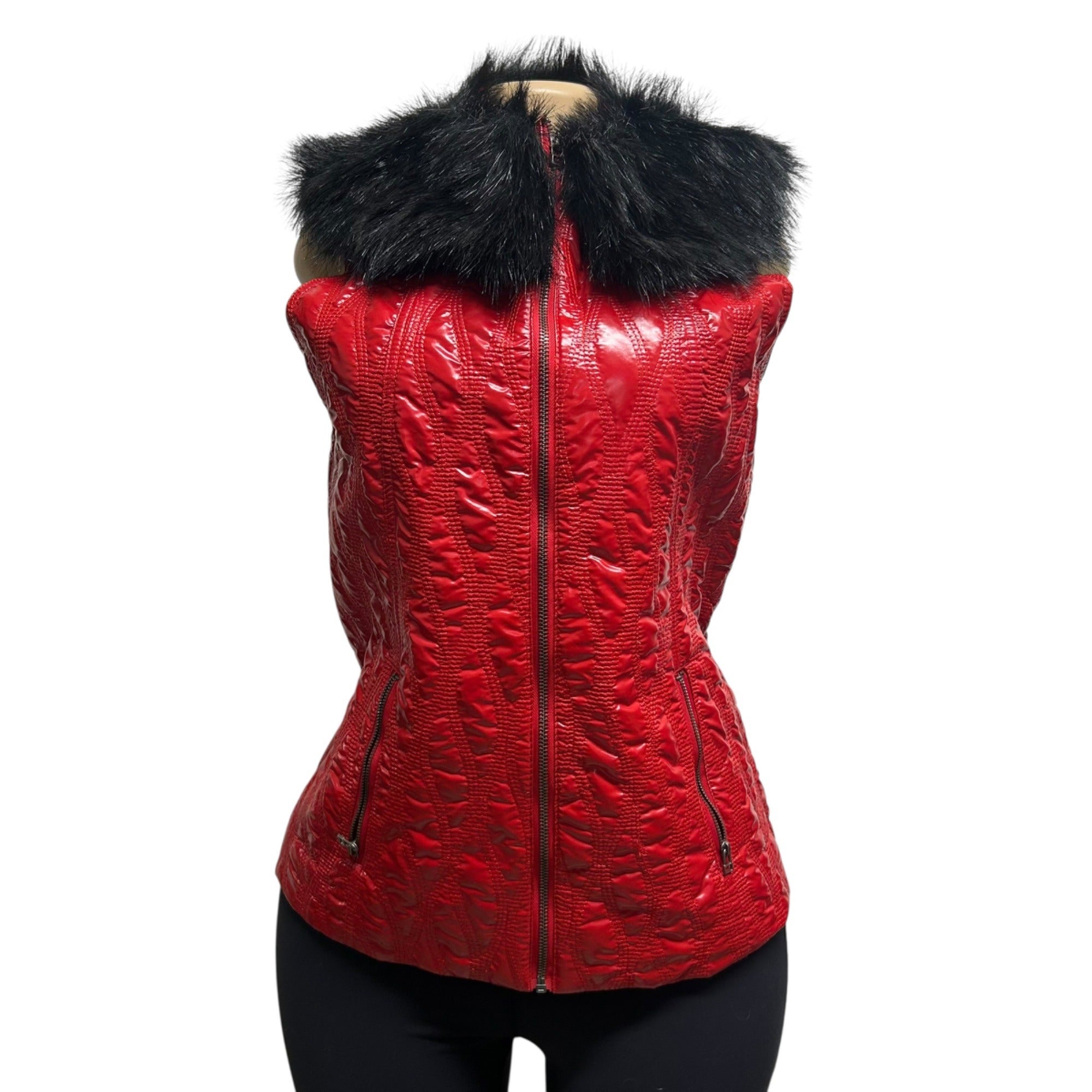 TG-20 G.G. Pink Size Medium Red Quilted Puffer Vest With Black Faux Fur Collar