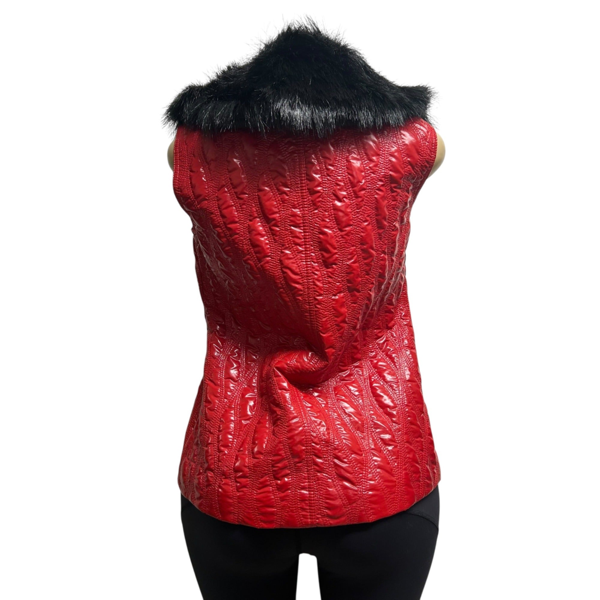 TG-20 G.G. Pink Size Medium Red Quilted Puffer Vest With Black Faux Fur Collar