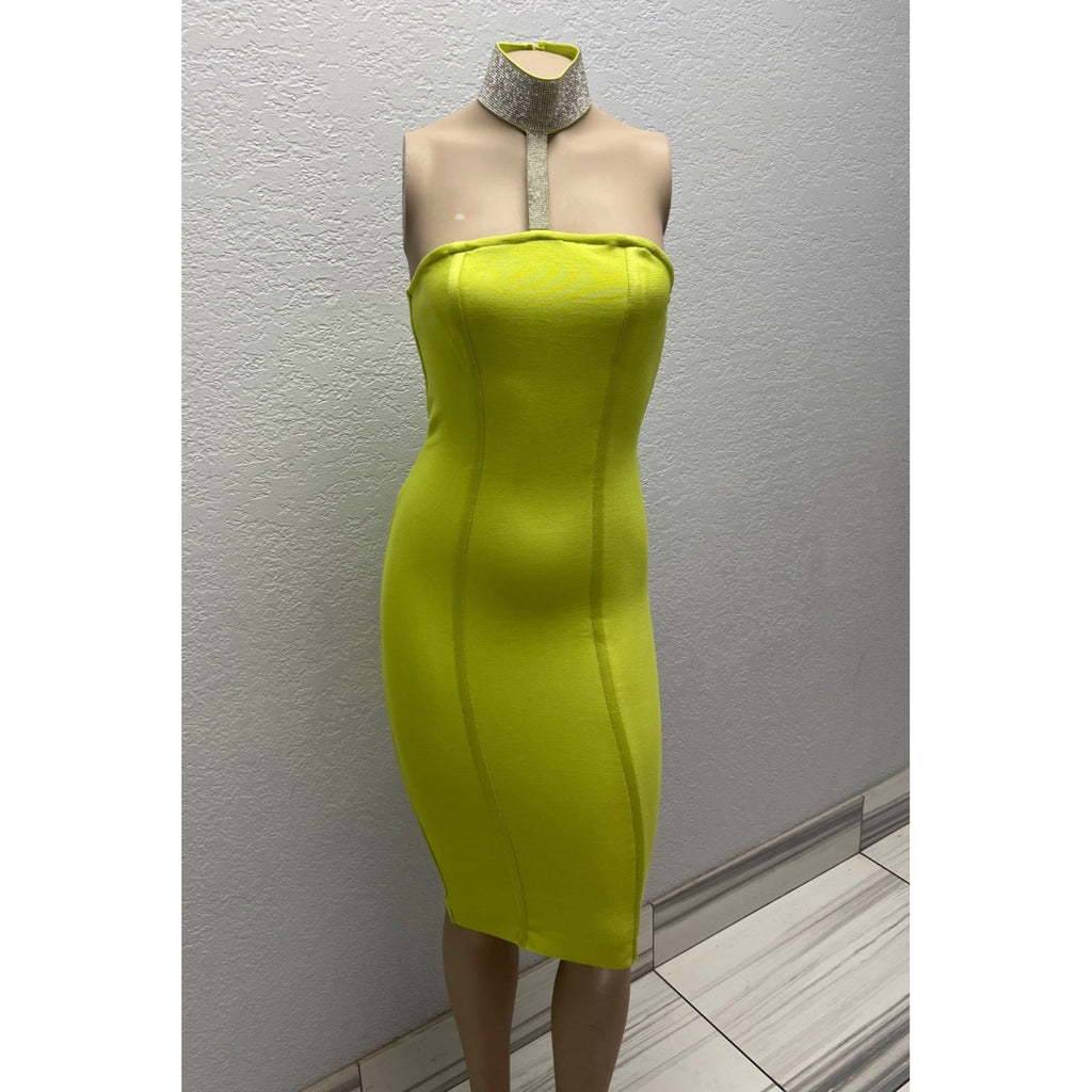 #1093 Fashion Nova XS Got Him Choked Up Lime Bandage Dress w/ Rhinestone Choker
