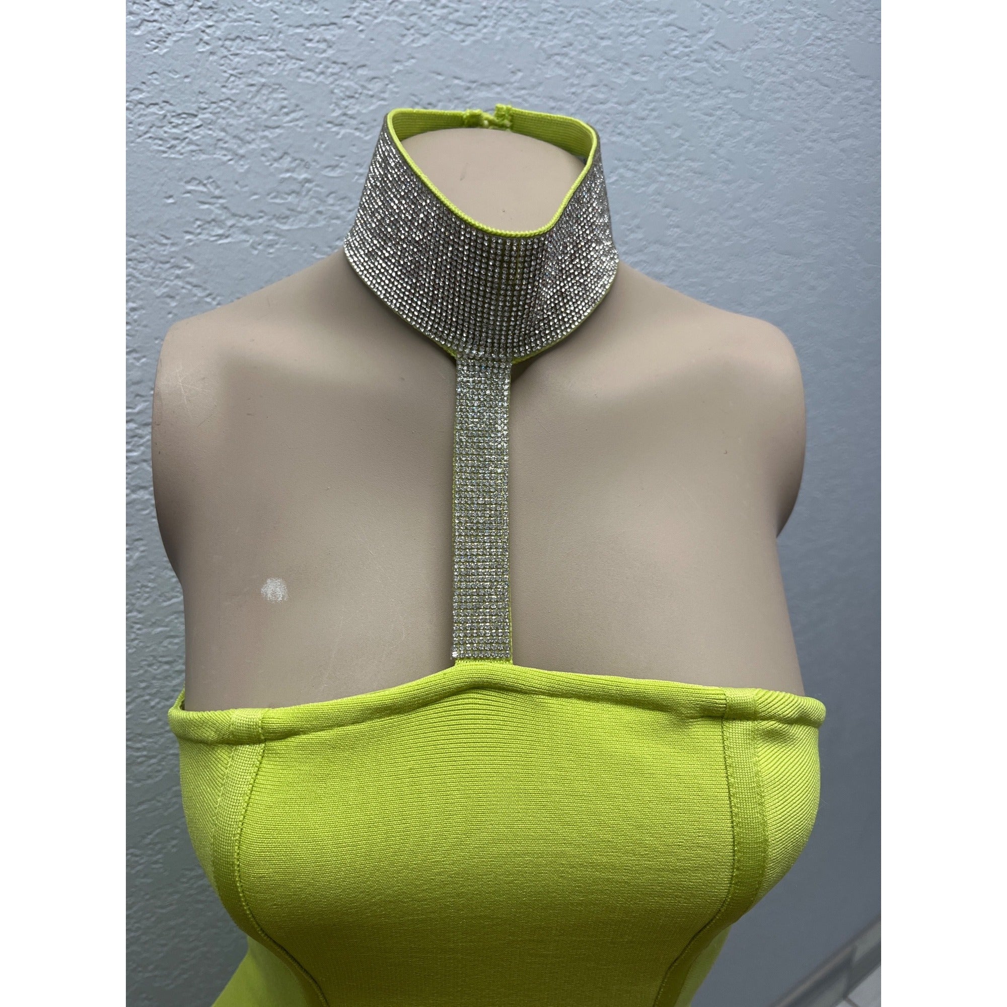 #1093 Fashion Nova XS Got Him Choked Up Lime Bandage Dress w/ Rhinestone Choker