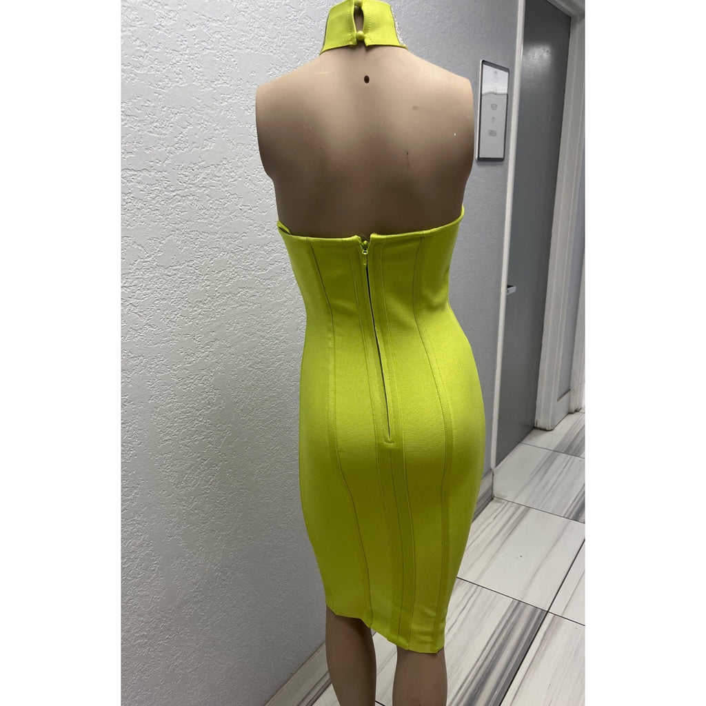 #1093 Fashion Nova XS Got Him Choked Up Lime Bandage Dress w/ Rhinestone Choker
