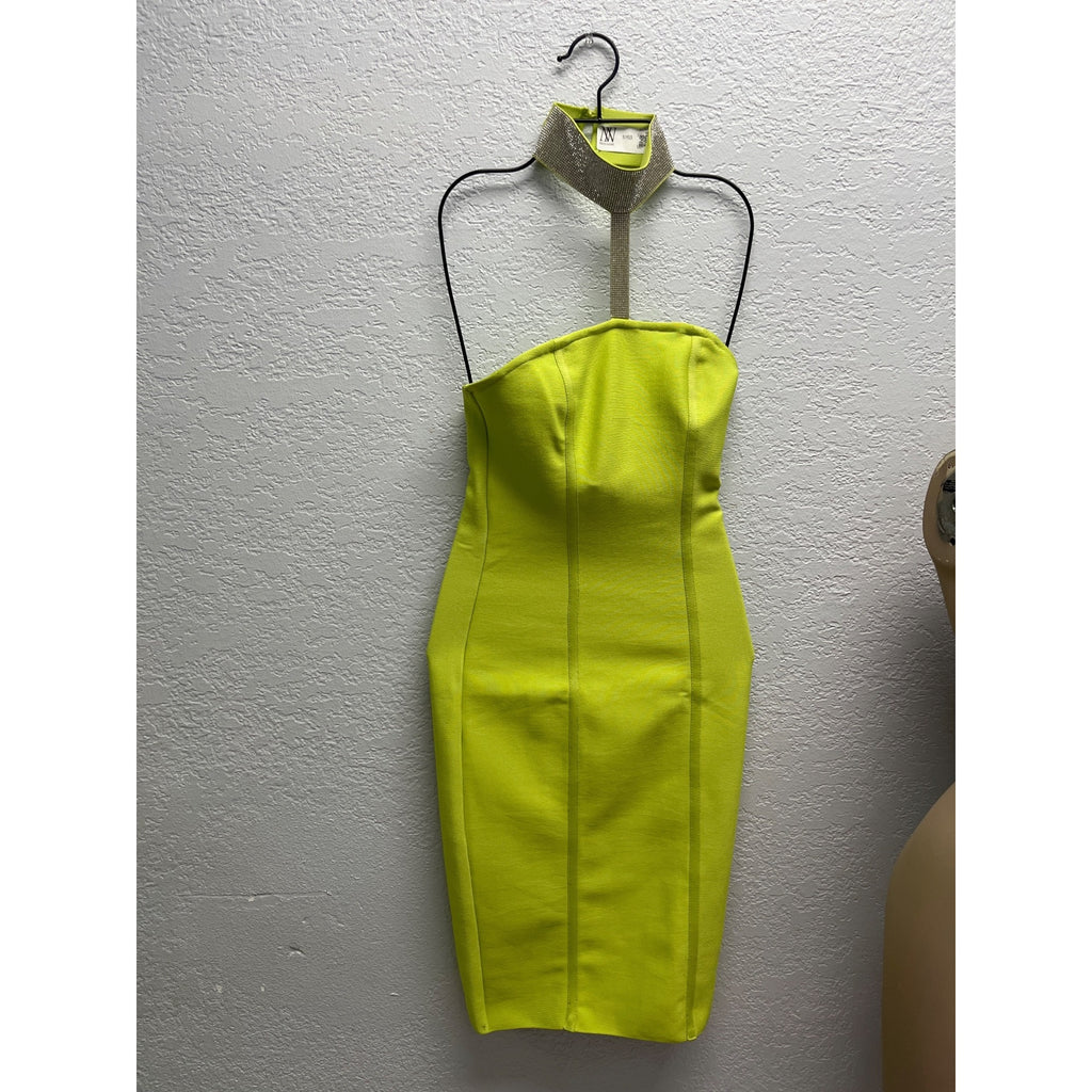 #1093 Fashion Nova XS Got Him Choked Up Lime Bandage Dress w/ Rhinestone Choker