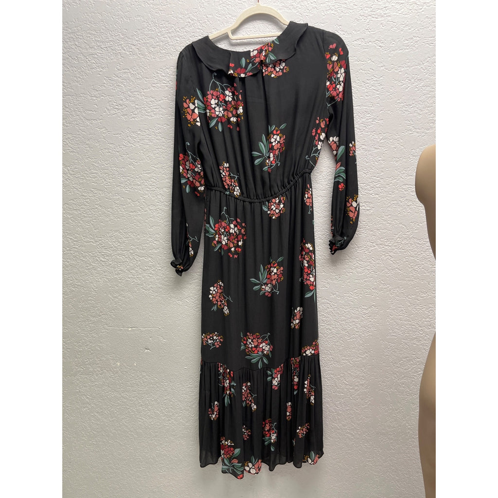 #1047 Floral Black Midi Dress With Ruffle Neckline & Long Sleeves By Loft Size SP
