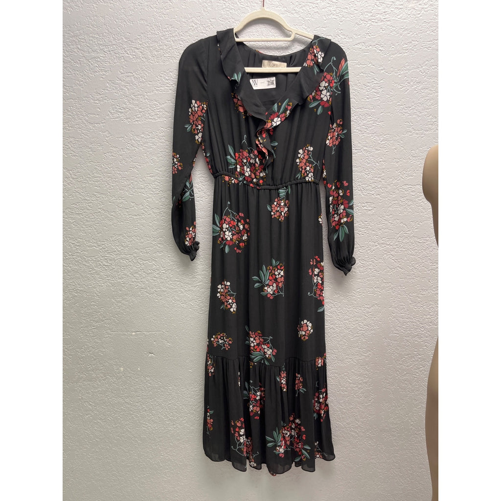 #1047 Floral Black Midi Dress With Ruffle Neckline & Long Sleeves By Loft Size SP