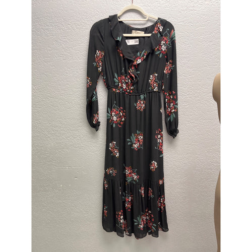 #1047 Floral Black Midi Dress With Ruffle Neckline & Long Sleeves By Loft Size SP