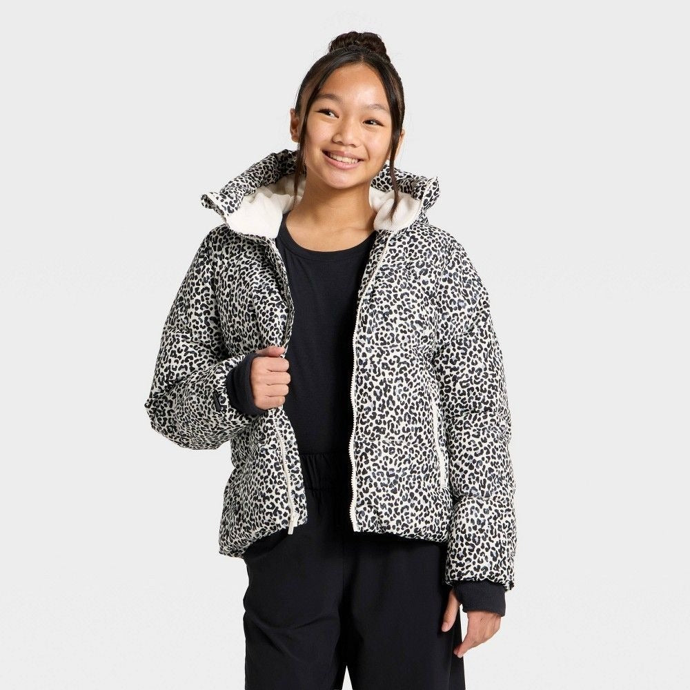K-172 All in Motion Leopard Print Puffer Jacket Cream Girls' Size Small