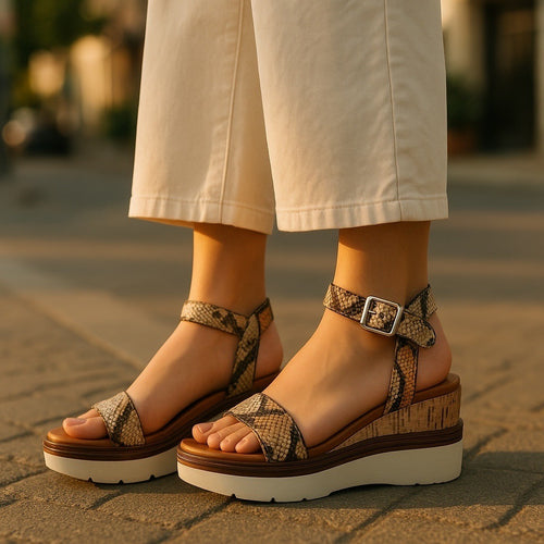 A New Day Brown Snake Print Leather Wedge Sandals With Adjustable Ankle Strap
