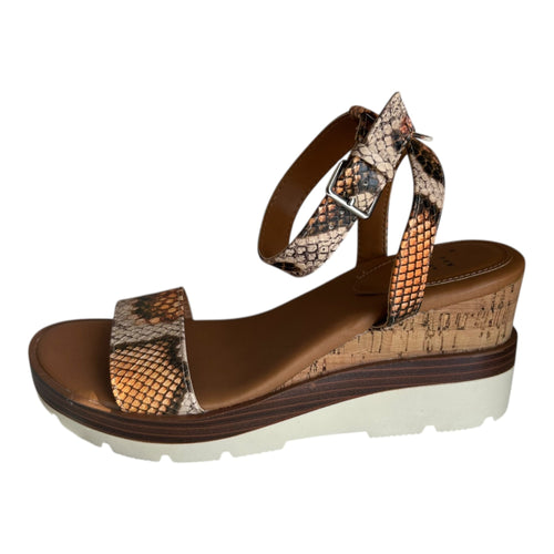 A New Day Brown Snake Print Leather Wedge Sandals With Adjustable Ankle Strap