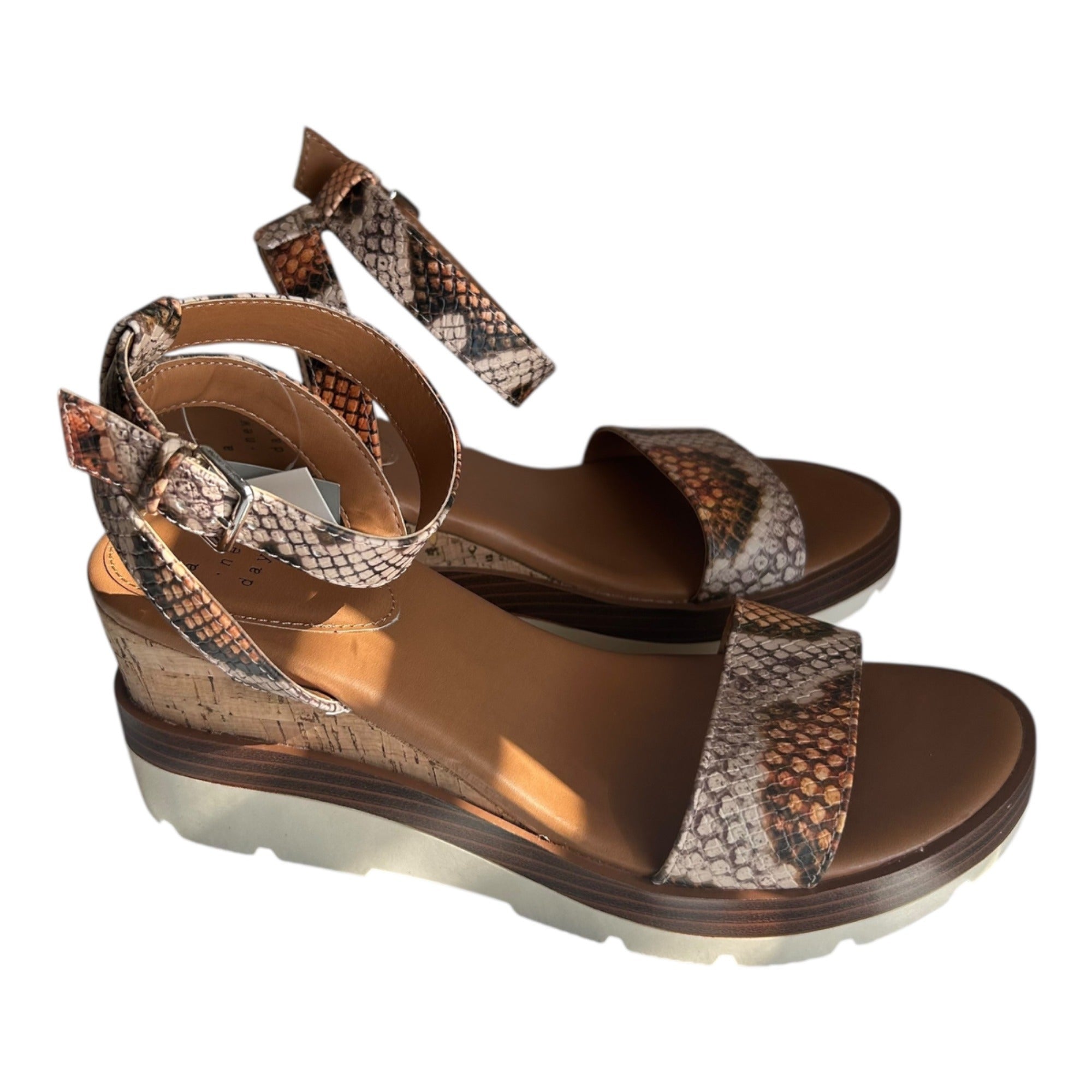 A New Day Brown Snake Print Leather Wedge Sandals With Adjustable Ankle Strap