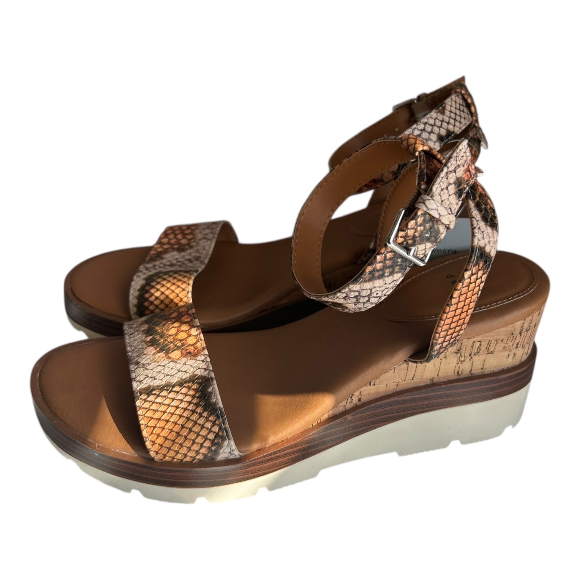 A New Day Brown Snake Print Leather Wedge Sandals With Adjustable Ankle Strap