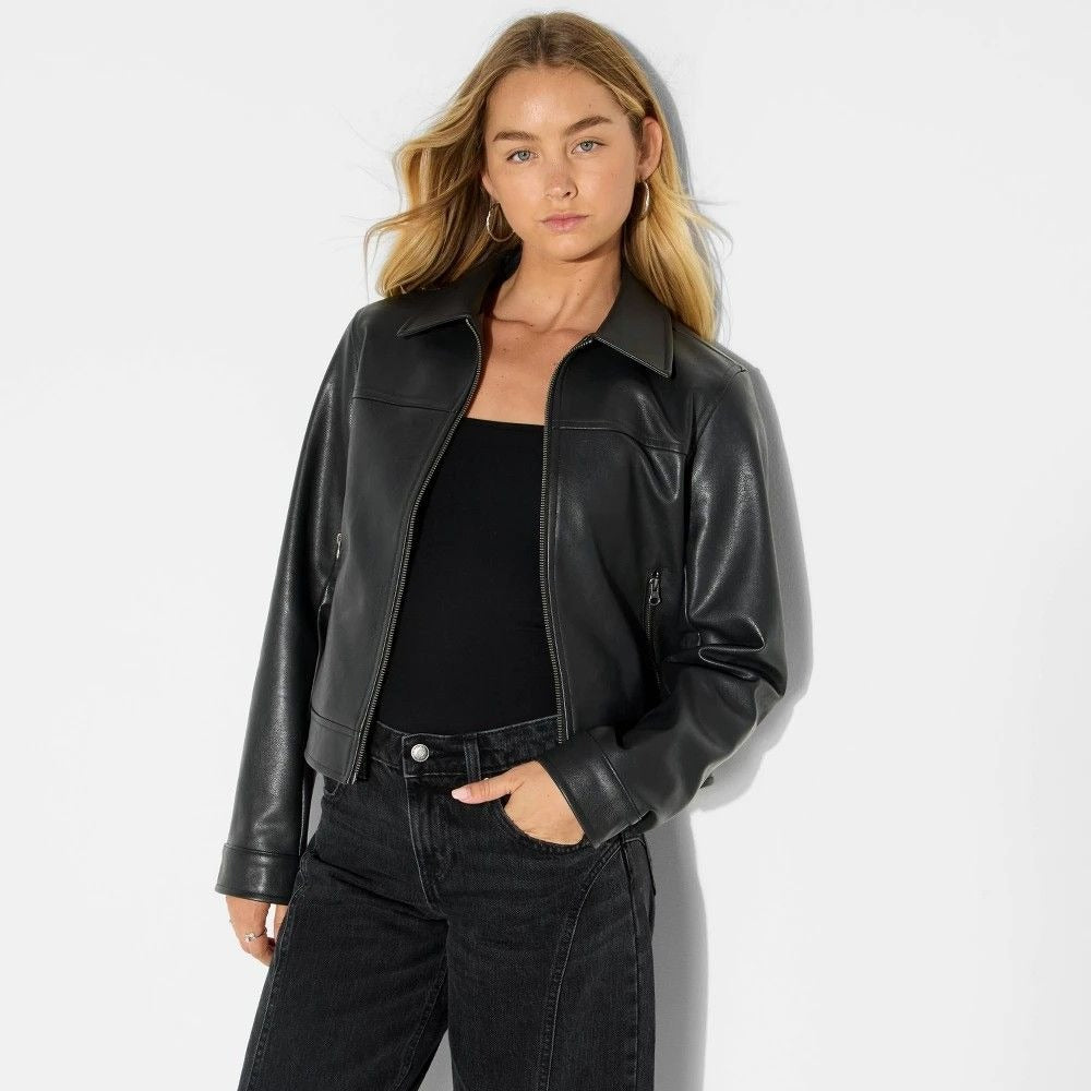 K-76 Wild Fable Women's Boxy Faux Leather Jacket Black Size XXS