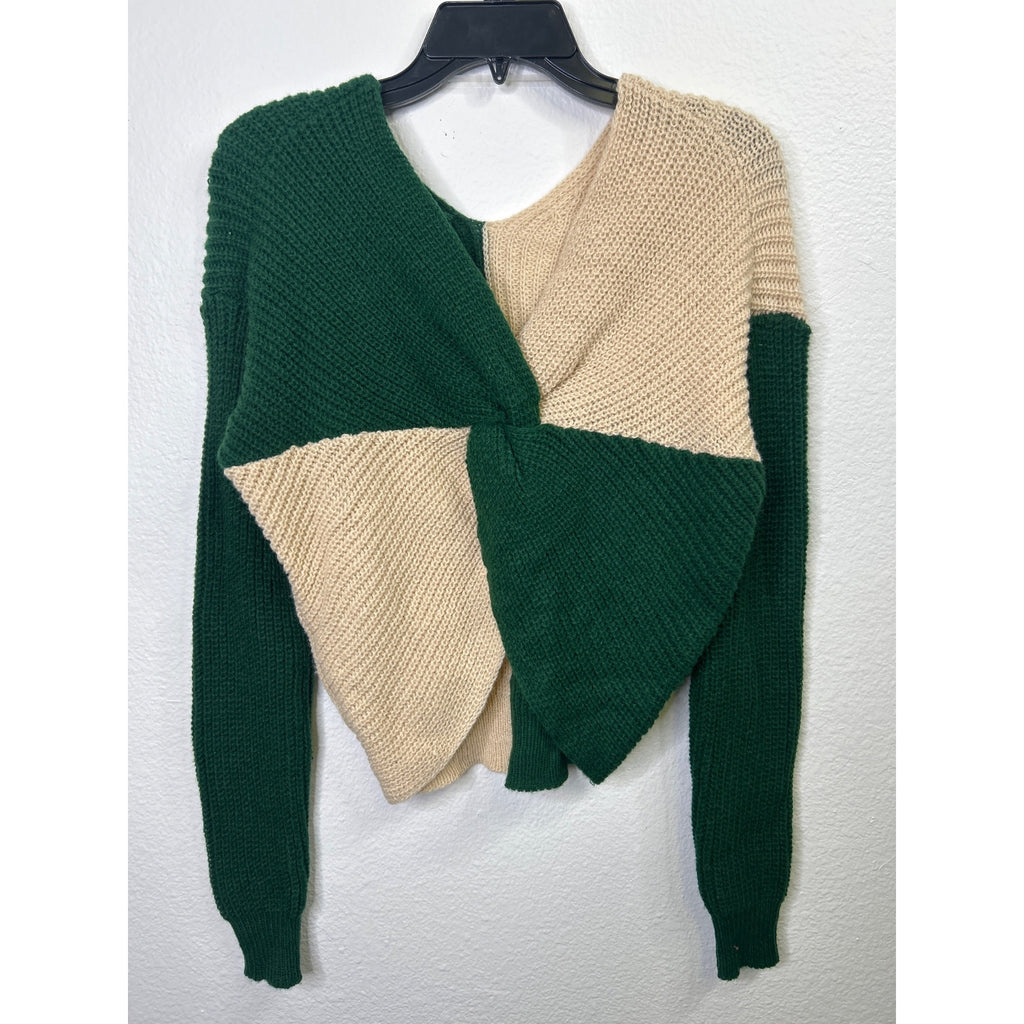 #1079 Colorblock Knit Sweater With Twist Back Green & Beige No Boundaries Size S