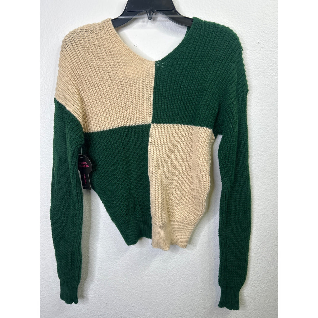 #1079 Colorblock Knit Sweater With Twist Back Green & Beige No Boundaries Size S