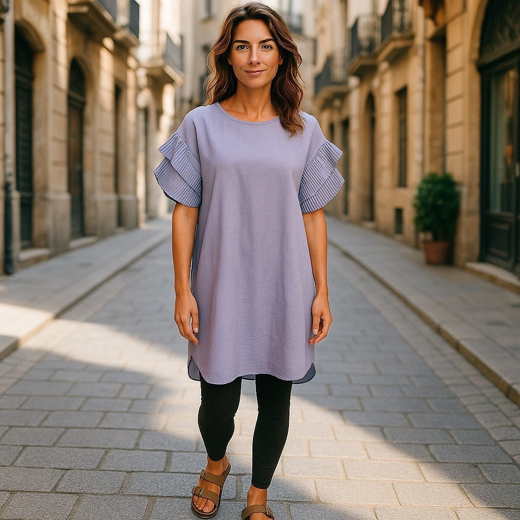 Womens Oversized Pleated Sleeve Tunic Dress - Casual Loose Fit, Large