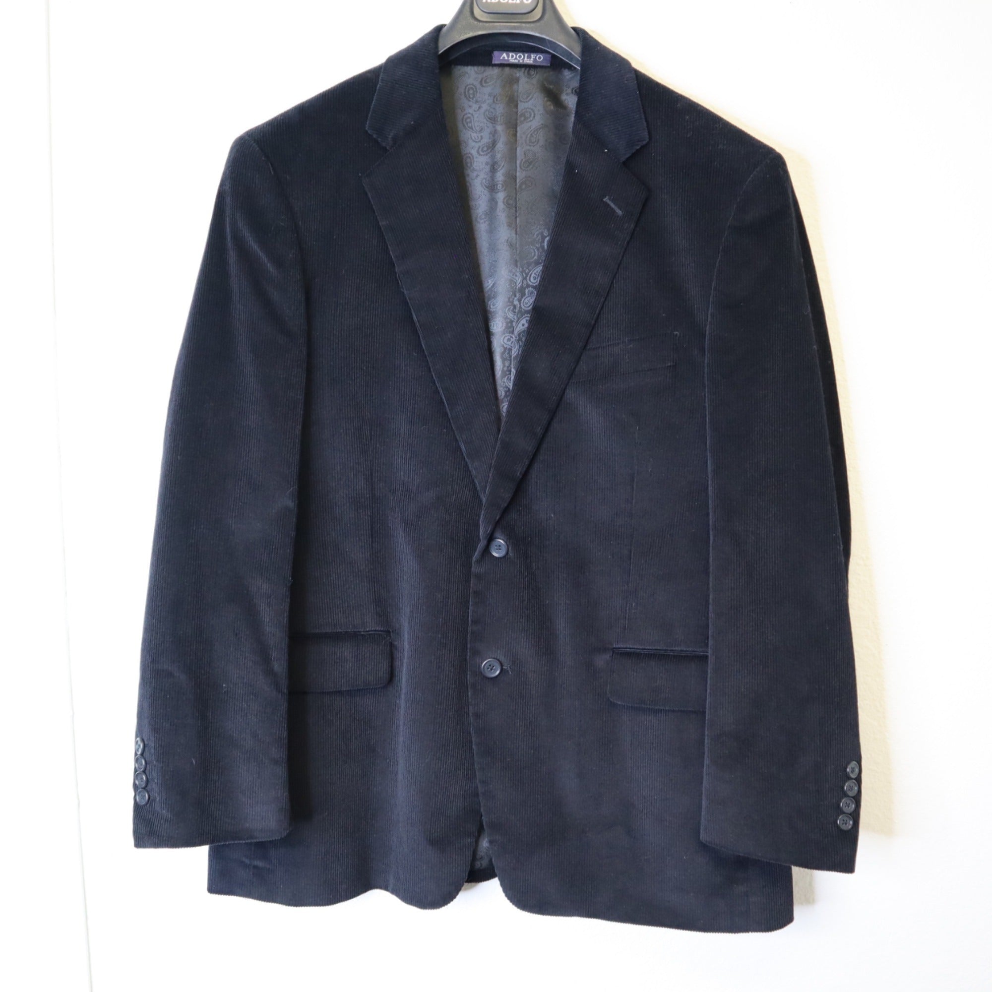 DG-186 Adolfo Mens Size 42S Black Corduroy Blazer With Paisley Lining