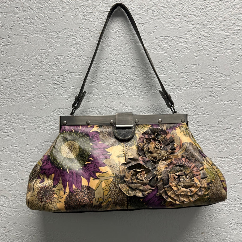 Patricia Nash Floral Leather Handbag With Sunflower Print & 3D Roses Frame Clasp Black Strap