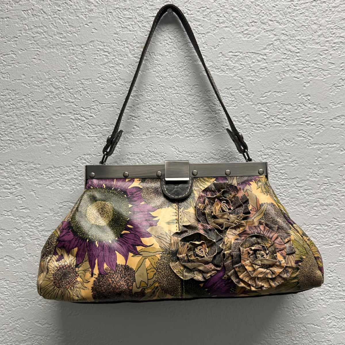 Patricia Nash Floral Leather Handbag With Sunflower Print & 3D Roses Frame Clasp Black Strap