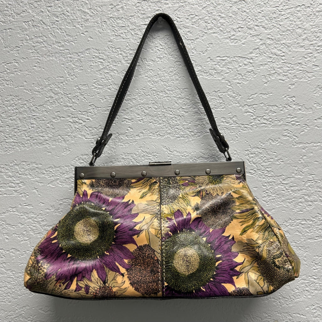 Patricia Nash Floral Leather Handbag With Sunflower Print & 3D Roses Frame Clasp Black Strap