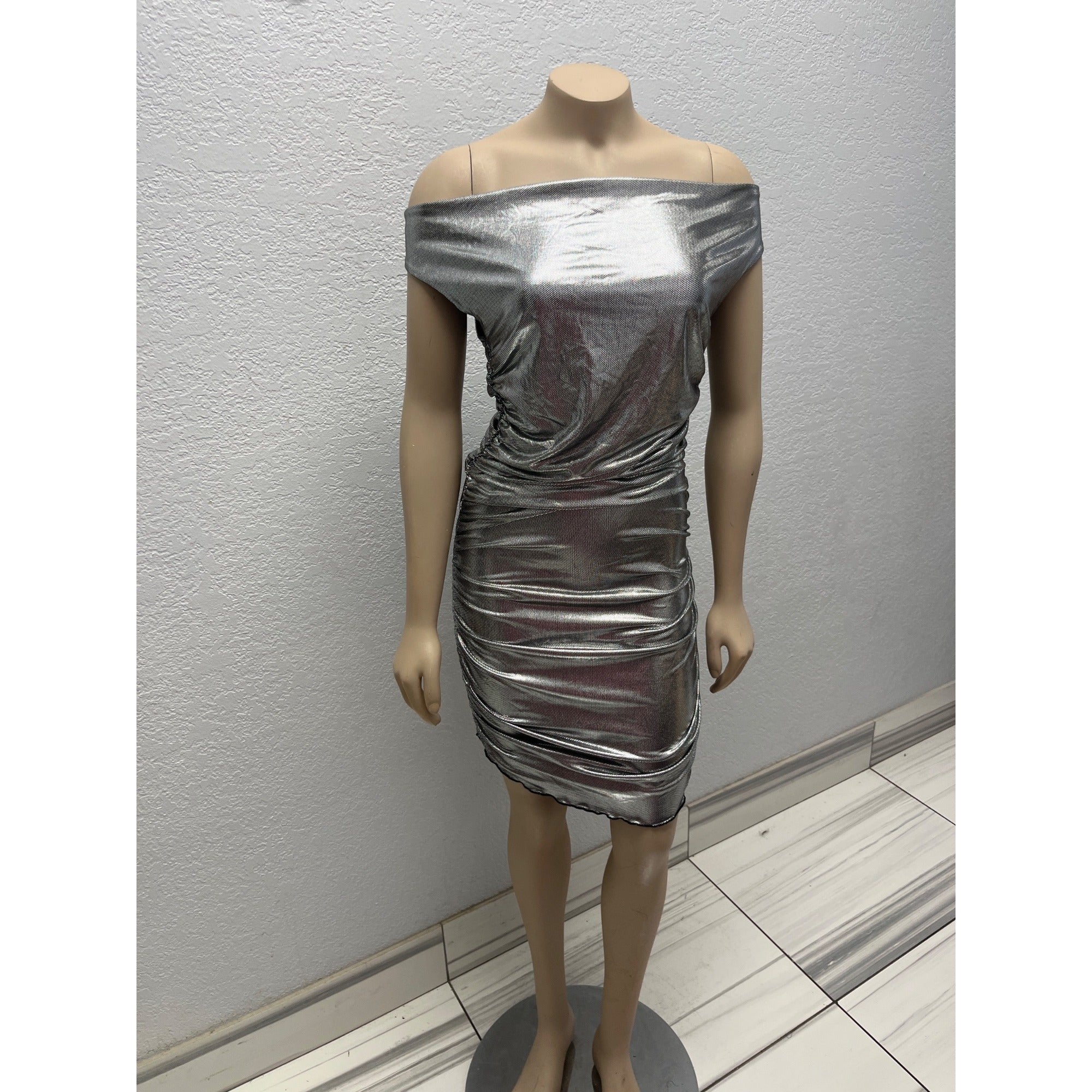 #1044 Silver Metallic Off-Shoulder Ruched Mini Dress Size XL