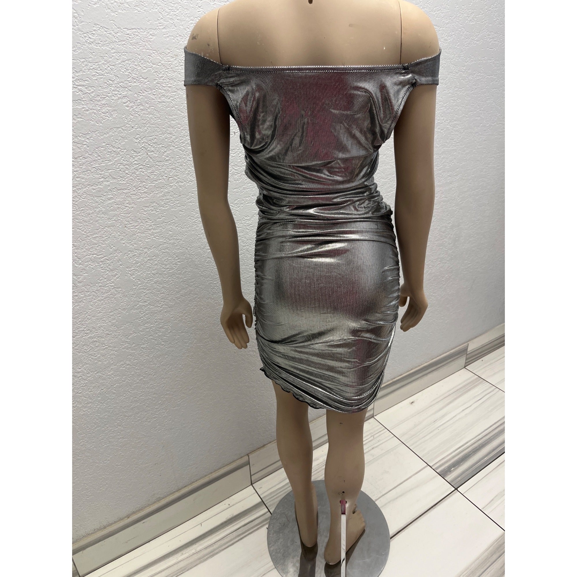 #1044 Silver Metallic Off-Shoulder Ruched Mini Dress Size XL