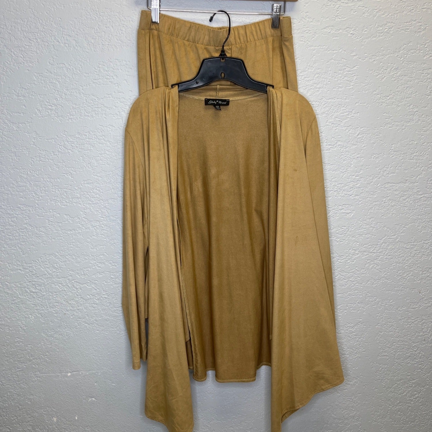 #1179 Slinky Brand Medium Two Piece Set Faux Suede Cardigan and Skirt, Beige