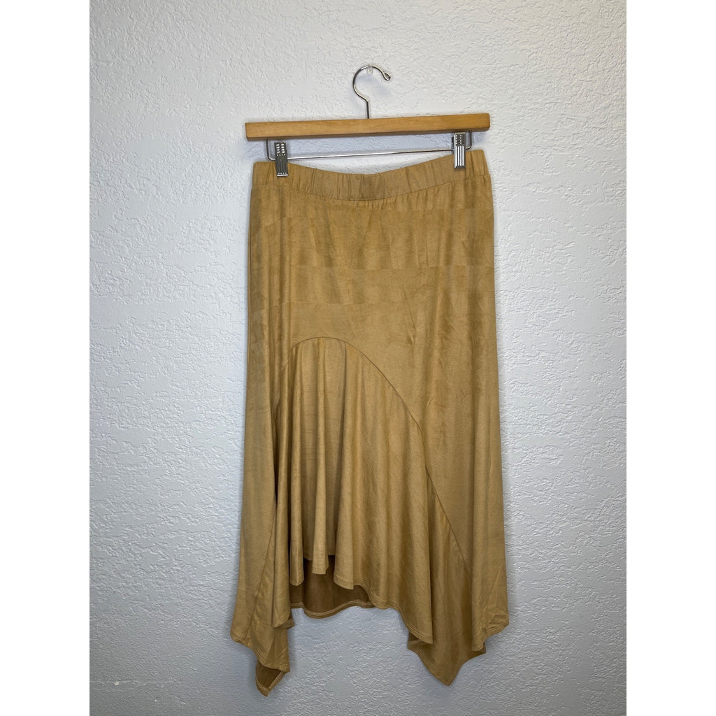 #1179 Slinky Brand Medium Two Piece Set Faux Suede Cardigan and Skirt, Beige