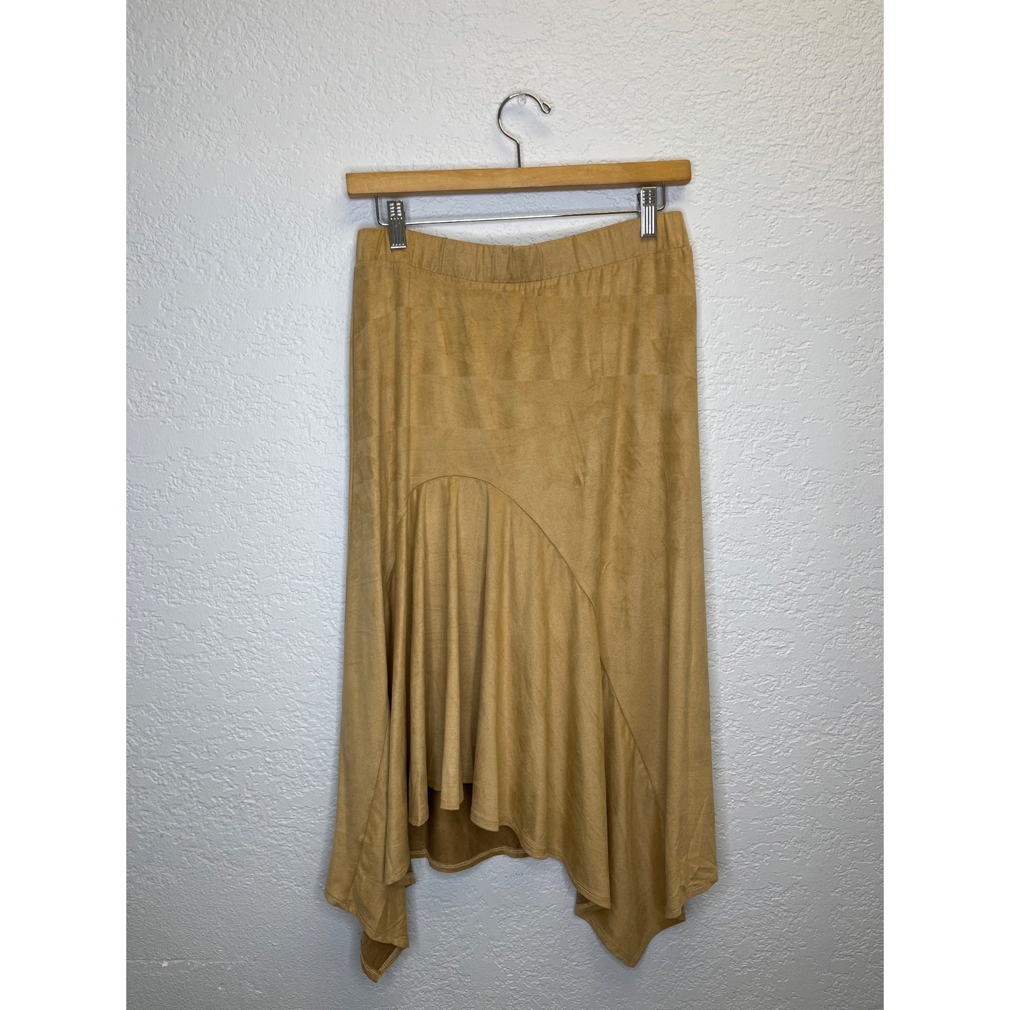 #1179 Slinky Brand Medium Two Piece Set Faux Suede Cardigan and Skirt, Beige