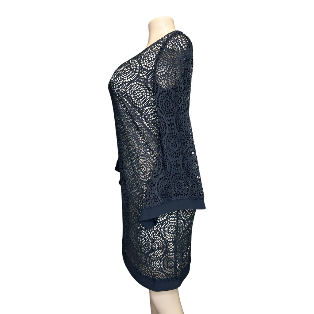 K-136 Emma & Michele Size Small Black Lace Overlay Shift Dress Long Sleeves