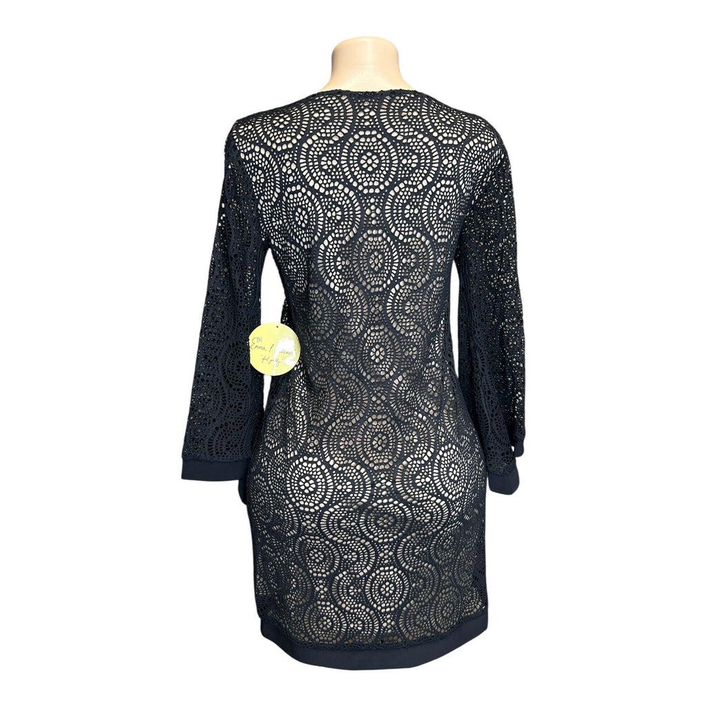 K-136 Emma & Michele Size Small Black Lace Overlay Shift Dress Long Sleeves