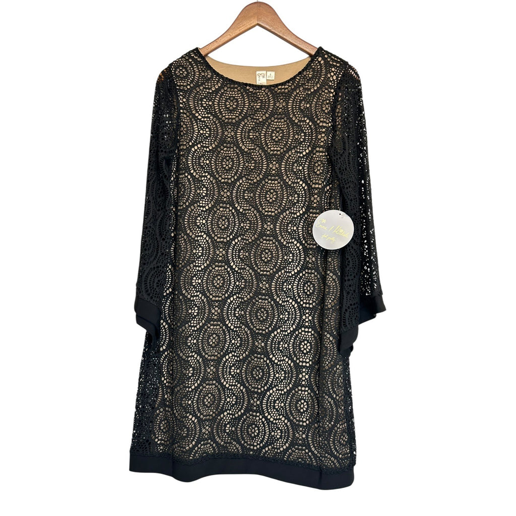 K-136 Emma & Michele Size Small Black Lace Overlay Shift Dress Long Sleeves