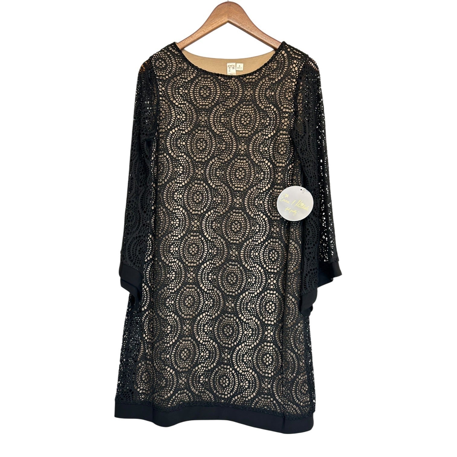 K-136 Emma & Michele Size Small Black Lace Overlay Shift Dress Long Sleeves