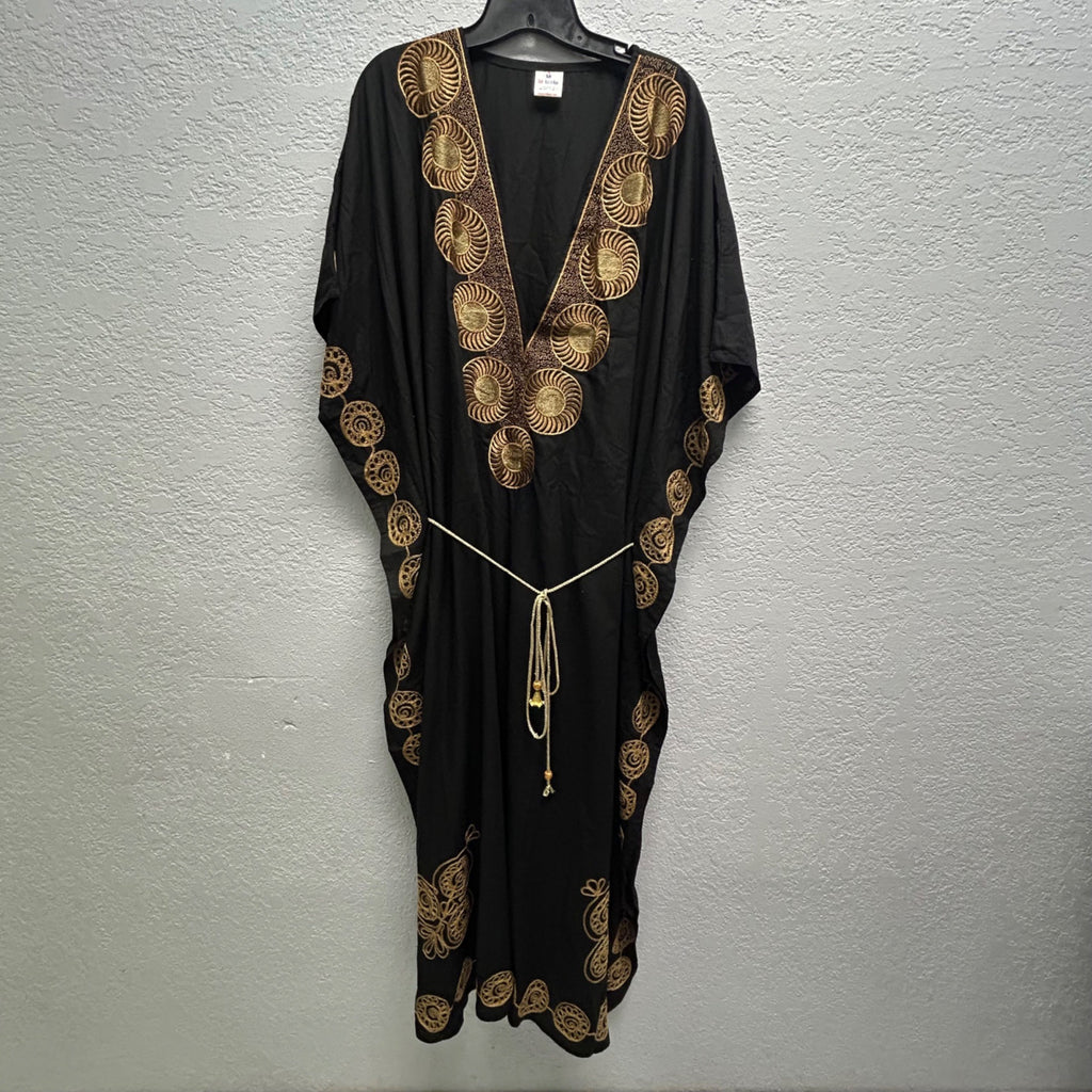 Black & Gold Embroidered Kaftan Dress By La Leela - One Size Fits Most