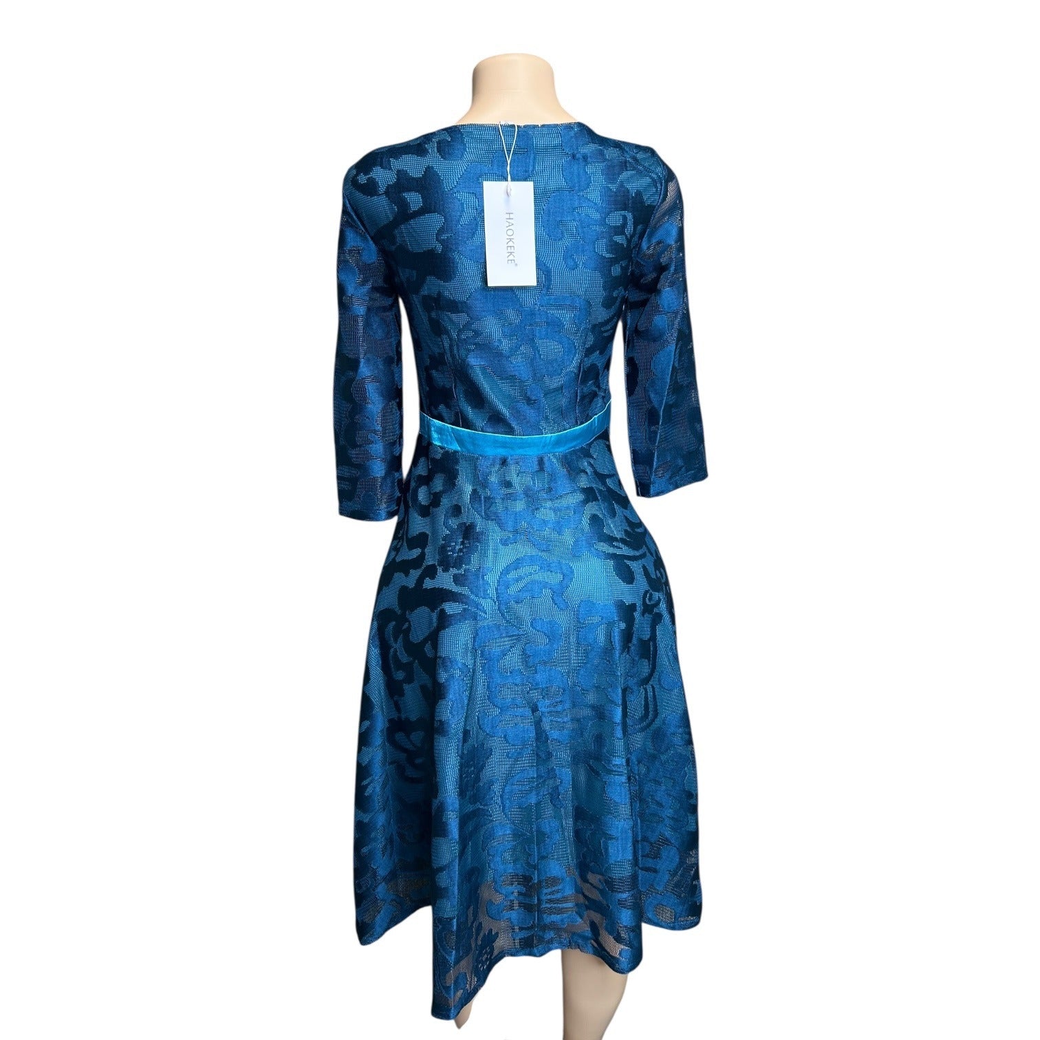 K-129 Hakoree Women's XS Blue Textured Fit & Flare Dress With 3/4 Sleeves