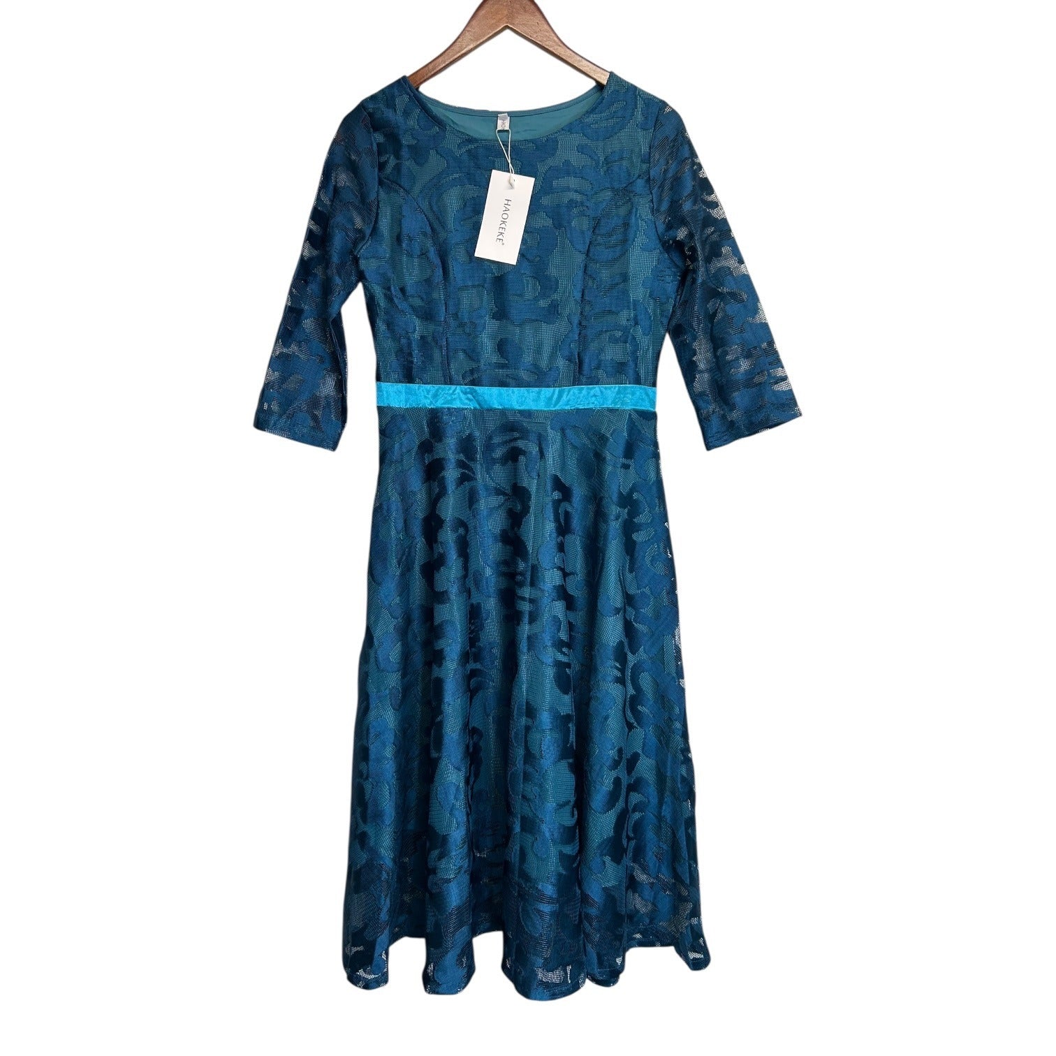 K-129 Hakoree Women's XS Blue Textured Fit & Flare Dress With 3/4 Sleeves