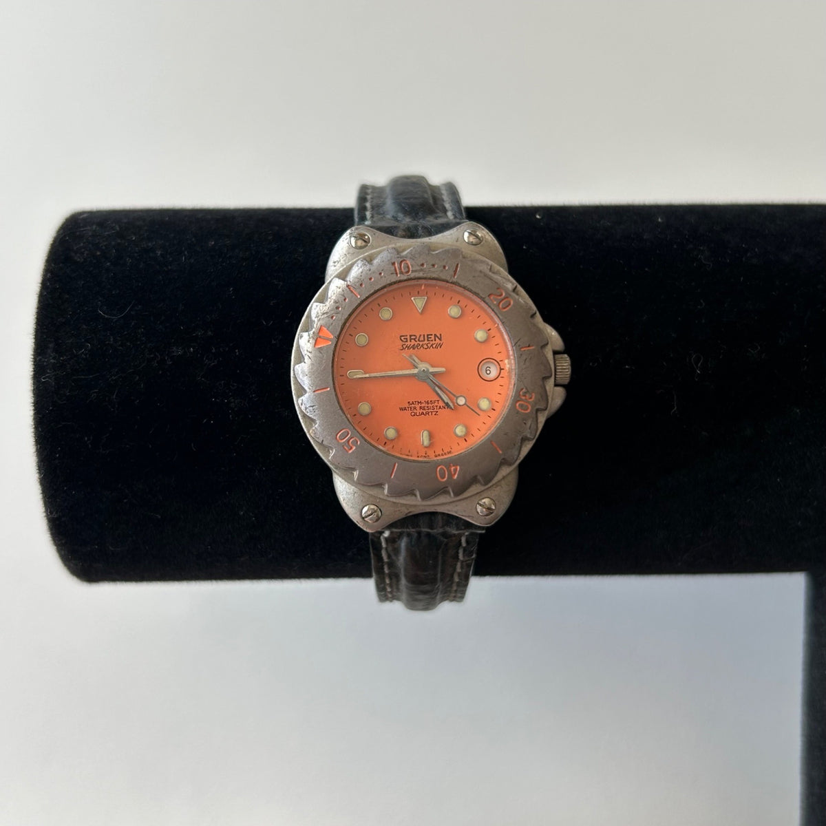 Gruen Womens Stainless Steel Watch With Orange Dial & Black Leather Band