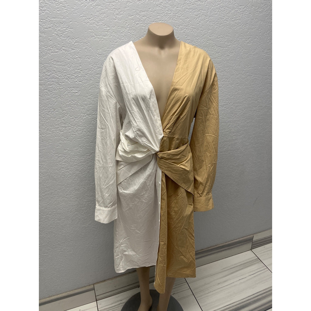 #1102 Shein Two-Tone Beige White Wrap-Style Long Sleeve Sheath Dress Size Large